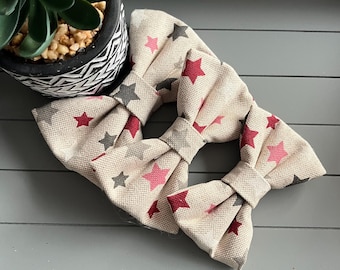 Pink Star Fabric Dog Bow Tie: Linen Style, Elastic Collar