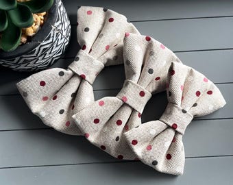 Pink Polka Dot Fabric Dog Bow Tie: Linen Style, Elastic Collar