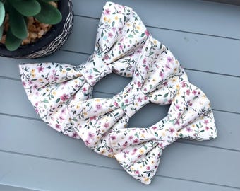 Ditsy Floral Pink and Yellow Cotton Dog Bow Tie: Collar Accessory