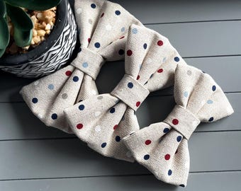 Blue Polka Dot Fabric Dog Bow Tie: Linen Style, Elastic Collar