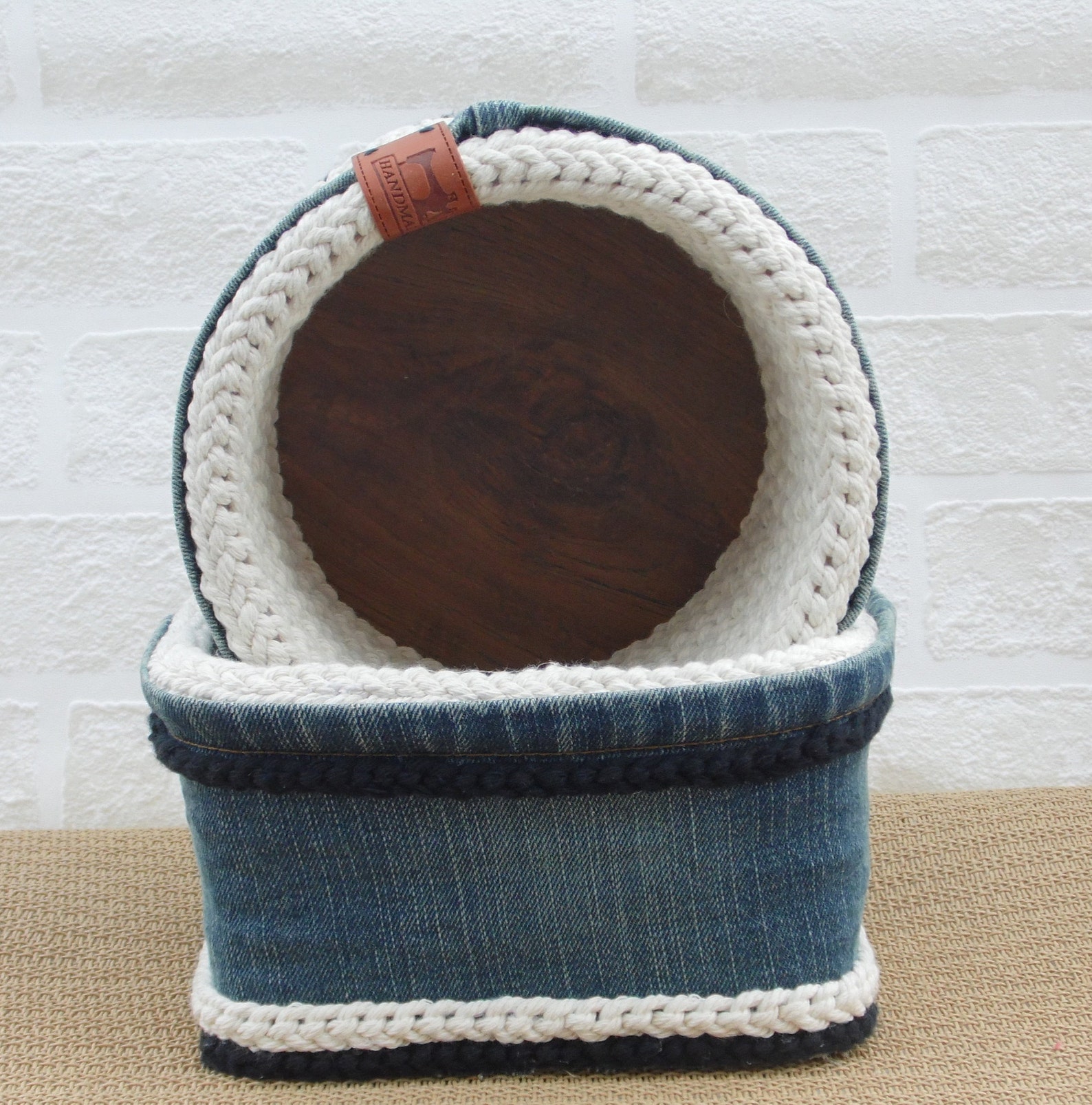 Handmade storage baskets in Blue Denim Suede and Linen design Etsy