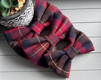 Burgundy Tartan Cotton Dog Bow Tie: Soft Check Fabric