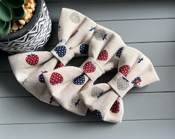 Strawberry Fabric Dog Bow Tie: Linen Style, Blue & Red