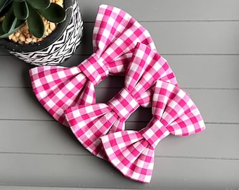 Cerise Pink Gingham Dog Bow Tie: Cotton Collar Accessory