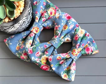Floral Blue Cotton Dog Bow Tie Collar Accessory