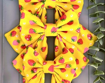 Yellow fabric with Strawberries Dog Bow Tie: Cotton Collar Accessory