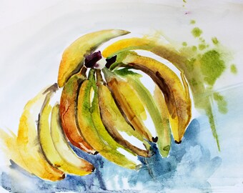 Bunch of Bananas Blue Background Fruit Still Live Bold Watercolour Gouache Print of Original Artwork A5A4 Sizes available