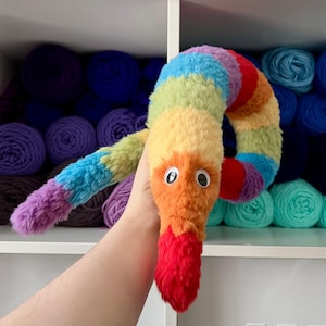 Large Rainbow Fuzzy Worm On A String Crochet Plushie | Finished Item