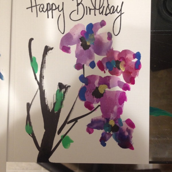 Hand Painted Art Cards By Carol Pessin Original Piece Happy Birthday design using watercolors & Sumi ink, Each envelope matches the Art Card