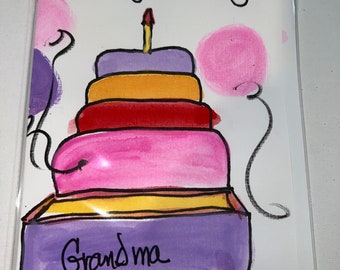 Hand Painted Art Cards By Carol Pessin Original Piece Happy Birthday Grandma design using watercolors & Sumi .Each envelope matches the Art