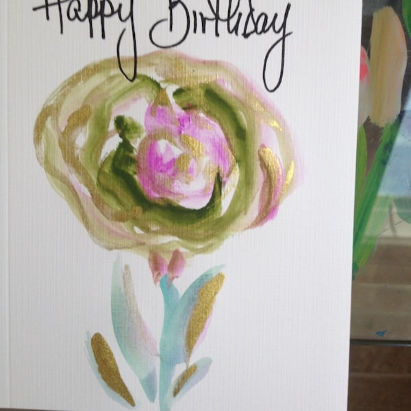 Hand Painted Art Cards By Carol Pessin Original Piece Happy Birthday design using watercolors & Sumi ink, Each envelope matches the Art Card