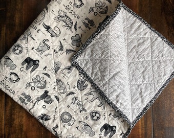 Baby Quilt - Black & White Animals - Gender Neutral -  Baby Blanket - Shower Gift - Wholecloth Quilt
