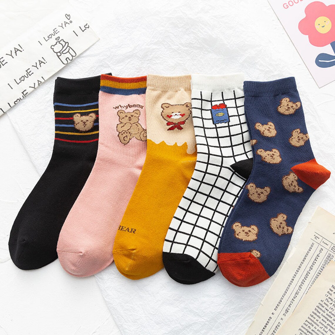Rainbow Teddy Bear Short Socks Female Ankle Socks Kawaii Etsy