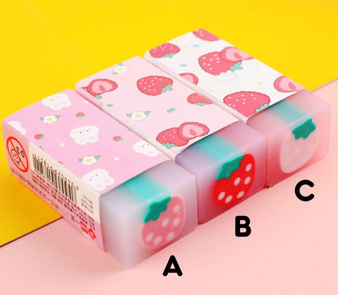 Strawberry Rectangle Eraser Kawaii Fruit Erasers Cute Etsy