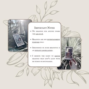 May include: An image featuring a central white card with text: "IMPORTANT NOTES." Two smaller images show tarot cards. The text includes: "No readings for anyone under the age of 18," and "Readings are for entertainment purposes only."