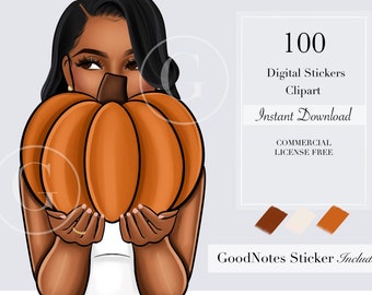 Imágenes prediseñadas de otoño, imágenes prediseñadas de calabaza, pegatinas digitales, imágenes prediseñadas afroamericanas, pegatinas de planificador digital, imágenes prediseñadas de temporada, imágenes prediseñadas de rastas