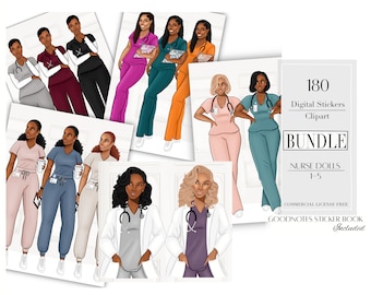 BUNDLE Muñecas de Enfermera 1-5, Imágenes Prediseñadas de Mujer Negra, Imágenes Prediseñadas de Enfermera, Pegatinas Digitales de Enfermera, Pegatinas de Planificador Digital, Imágenes Prediseñadas de Chica Negra,