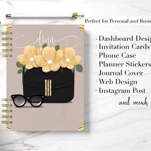 May include: A light brown planner with a gold spiral binding. The cover features a black handbag with gold accents, yellow flowers, and sunglasses. The text "dina" is written in a cursive font on the cover. The planner is perfect for personal and business use.