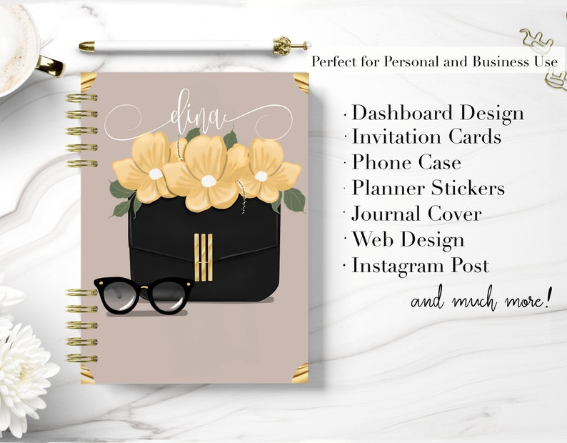 May include: A light brown planner with a gold spiral binding. The cover features a black handbag with gold accents, yellow flowers, and sunglasses. The text "dina" is written in a cursive font on the cover. The planner is perfect for personal and business use.