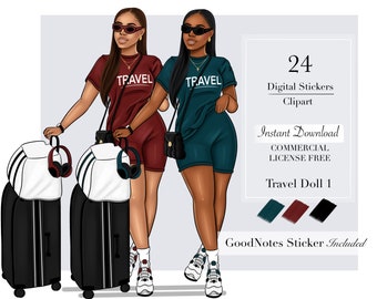 Muñeca de viaje 1, Imágenes prediseñadas de viaje, Imágenes prediseñadas de viaje, Pegatinas digitales de viaje de niña negra, Pegatinas de planificador digital, Imágenes prediseñadas de mujer negra,