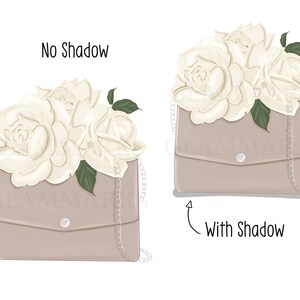 May include: A beige purse with a silver chain strap and a bouquet of white roses on top. The image shows the purse with and without a shadow.