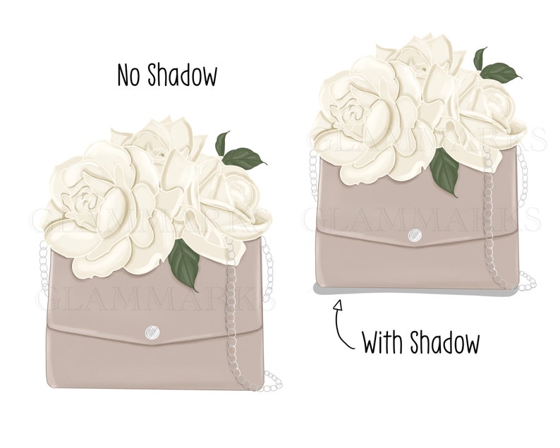 May include: A beige purse with a silver chain strap and a bouquet of white roses on top. The image shows the purse with and without a shadow.