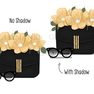 May include: A black handbag with a gold clasp and a bouquet of yellow flowers on top. Sunglasses are next to the bag. The text "No Shadow" appears above the bag and "With Shadow" appears below the bag.