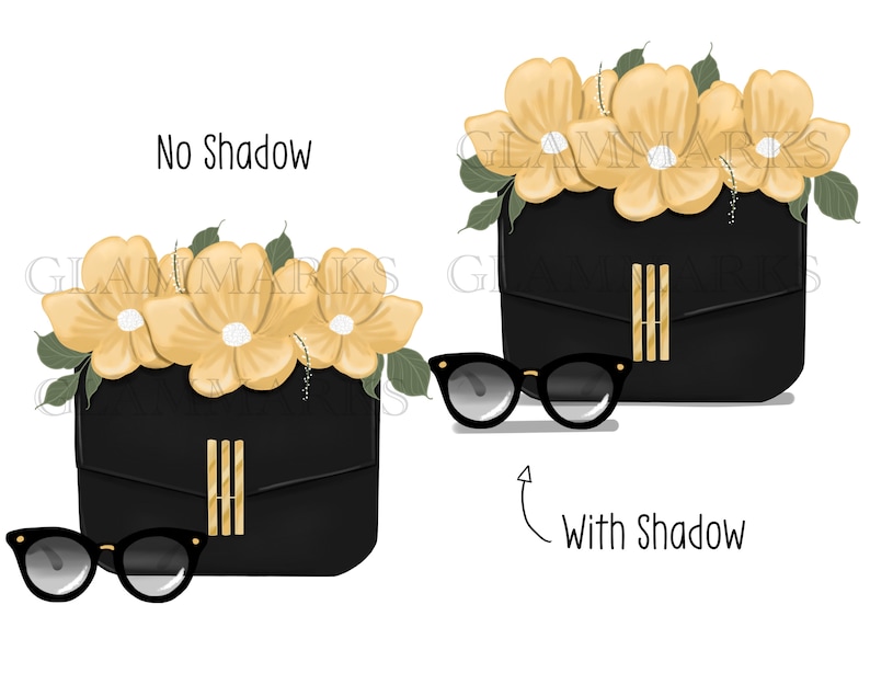 May include: A black handbag with a gold clasp and a bouquet of yellow flowers on top. Sunglasses are next to the bag. The text "No Shadow" appears above the bag and "With Shadow" appears below the bag.