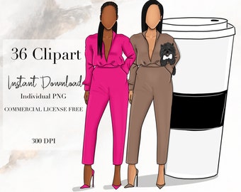 Clipart z modą, Clipart z szefem, Clipart z kobietą, Ilustracja z czarną kobietą, Naklejka cyfrowa z czarną dziewczyną, Clipart z czarną kobietą, Clipart z czarną dziewczyną,