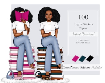 Clipart de lectura, niña negra leyendo, clipart de mujer, arte de mujer negra, calcomanía digital de niña negra, clipart de mujer negra, clipart de niña negra,