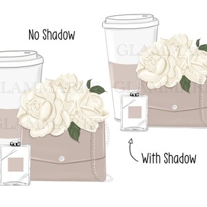 May include: A beige clutch purse with a chain strap, a white coffee cup, and a clear perfume bottle with a white flower bouquet on top. The image shows the same items with and without a shadow.