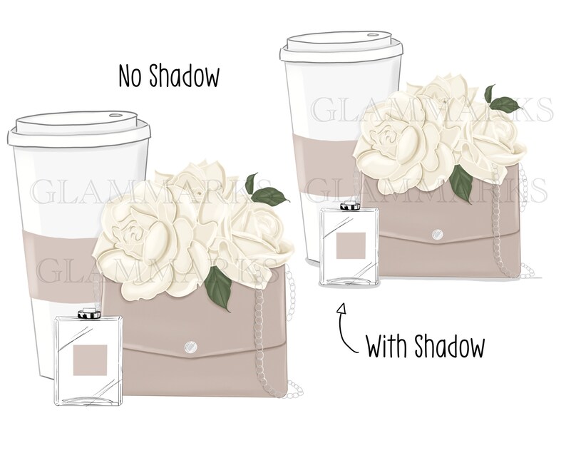 May include: A beige clutch purse with a chain strap, a white coffee cup, and a clear perfume bottle with a white flower bouquet on top. The image shows the same items with and without a shadow.