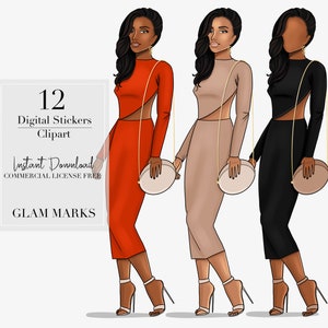 Black Woman Clipart, Fashion ClipArt, Digital Stickers, African American Clip, Digital Planner Stickers, Black Girl Clipart,