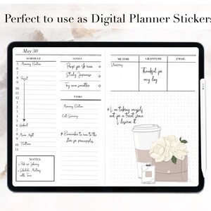 May include: A digital planner page with a white background and black text. The page is divided into sections for schedule, goals, me-time, gratitude, and email. The schedule section has a list of tasks for the day, including "Morning Routine", "Project", "Workout", "Movie Night", and "Bedtime". The goals section has a list of goals for the day, including "Prep for 5k run", "Study Japanese", and "Try new smoothie". The me-time section has a list of activities for the day, including "Shopping". The gratitude section has a handwritten note that says "Thankful for my day". The email section is blank. The page also includes a sticker with a coffee cup, flowers, and a small perfume bottle. The sticker has the text "I'm taking myself out for a treat since I deserve it".