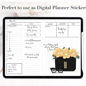 May include: A digital planner page with a black and white design. The page includes sections for schedule, goals, me-time, gratitude, and email. The page also includes a sticker of a black purse with yellow flowers and sunglasses. The text on the sticker reads "I'm taking myself out for a treat since I deserve it."