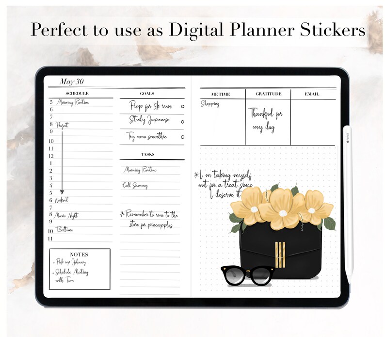 May include: A digital planner page with a black and white design. The page includes sections for schedule, goals, me-time, gratitude, and email. The page also includes a sticker of a black purse with yellow flowers and sunglasses. The text on the sticker reads "I'm taking myself out for a treat since I deserve it."