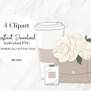May include: A digital illustration of a white coffee cup, a white perfume bottle, a beige purse with a chain strap, and white roses. The purse has a white rose bouquet on top. The background is a white marble texture.