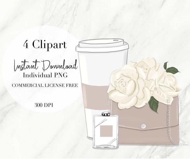 May include: A digital illustration of a white coffee cup, a white perfume bottle, a beige purse with a chain strap, and white roses. The purse has a white rose bouquet on top. The background is a white marble texture.
