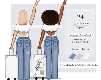 Muñeca de viaje 4, Imágenes prediseñadas de viaje, Imágenes prediseñadas de viaje, Pegatinas digitales de viaje de niña negra, Pegatinas de planificador digital, Imágenes prediseñadas de mujer negra,