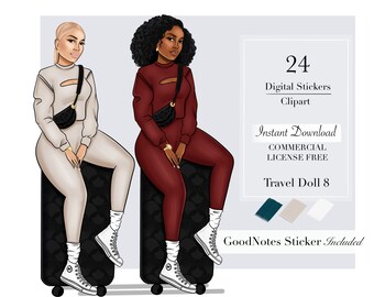 Muñeca de viaje 8, ClipArt de viaje, Clip art de viaje, pegatinas digitales de viaje de niña negra, pegatinas de planificador digital, imágenes prediseñadas de mujer negra,
