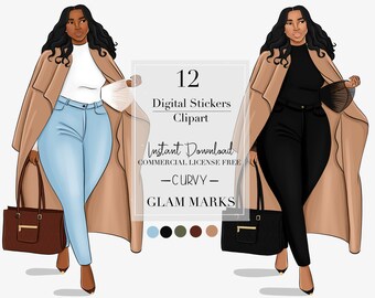 Curvy Black Woman ClipArt, Digital Stickers, Plus Size Clipart, African American Clipart, Digital Planner Stickers, Black Girl Clipart, 181
