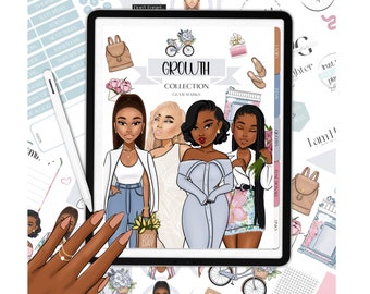 Muñecas de colección de crecimiento 1-4 / Arte, ClipArt de mujer, pegatinas digitales de niña negra, pegatinas de planificador digital, imágenes prediseñadas de Chibi, pegatinas de Goodnotes