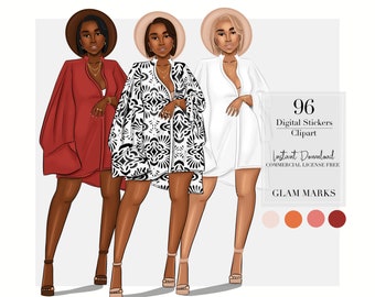ClipArt de mujer negra, ClipArt de moda, pegatinas digitales, imágenes prediseñadas de primavera, pegatinas de planificador digital, imágenes prediseñadas de chica negra, volumen 1
