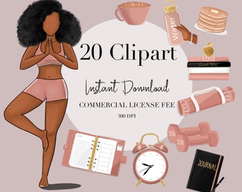 Yoga Clipart, PNG, African American Clipart, Black Digital Sticker, Digital Planner Stickers, Black Girl Clipart,