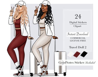 Muñeca de viaje 2, ClipArt de viaje, Clip art de viaje, pegatinas digitales de viaje de niña negra, pegatinas de planificador digital, imágenes prediseñadas de mujer negra,