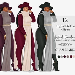 Curvy Black Woman ClipArt, Digital Stickers, Plus Size Clipart, African American Clipart, Digital Planner Stickers, Black Girl Clipart, 182