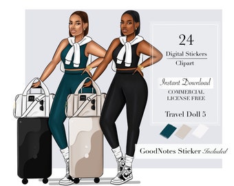 Muñeca de viaje 5, ClipArt de viaje, Clip art de viaje, pegatinas digitales de viaje de niña negra, pegatinas de planificador digital, imágenes prediseñadas de mujer negra,