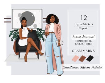 Imágenes prediseñadas de fantasía, imágenes prediseñadas de mujer, imágenes prediseñadas de moda, pegatinas digitales, pegatinas para planificadores digitales, imágenes prediseñadas de chica negra