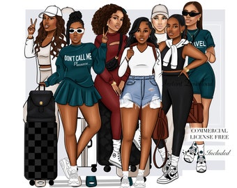 BUNDLE Muñecas de viaje 1-8, Imágenes prediseñadas de viaje, Imágenes prediseñadas de viaje, Pegatinas digitales de viaje de niña negra, Pegatinas de planificador digital, Imágenes prediseñadas de mujer negra,