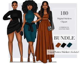 PAQUETE Muñecas de moda 1-5 / Clipart, ClipArt de mujer negra, ClipArt de moda, Pegatinas digitales, Clipart de niña negra,
